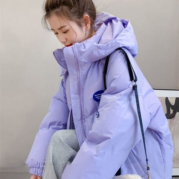 Piumino da donna Parka Giacca con cappuccio viola Donna Inverno Cotone imbottito Spessore Parka caldo Cappotti di moda coreana sciolti oversize Giacche antivento Donna 220902