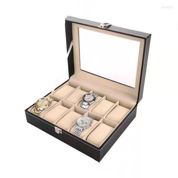 ASSISTA CAIXAS Organizador de caixa preta de luxo 10 slots PU Jewelry Man Case Pillows Watches Display Gift Packing