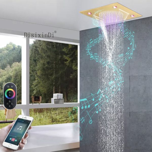 Soffione doccia a LED in oro di lusso SUS304 SPA a cascata a soffitto da 16 pollici con rubinetto per doccia con altoparlante musicale