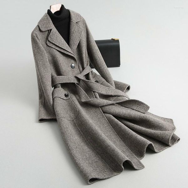 Delle donne di Lana Delle Donne Miscele Cappotto Lungo Delle Donne Double-sided Giacca di Tweed Coreano di Autunno della Molla Delle Signore Cappotti 2022 Abrigos mujer Elegante