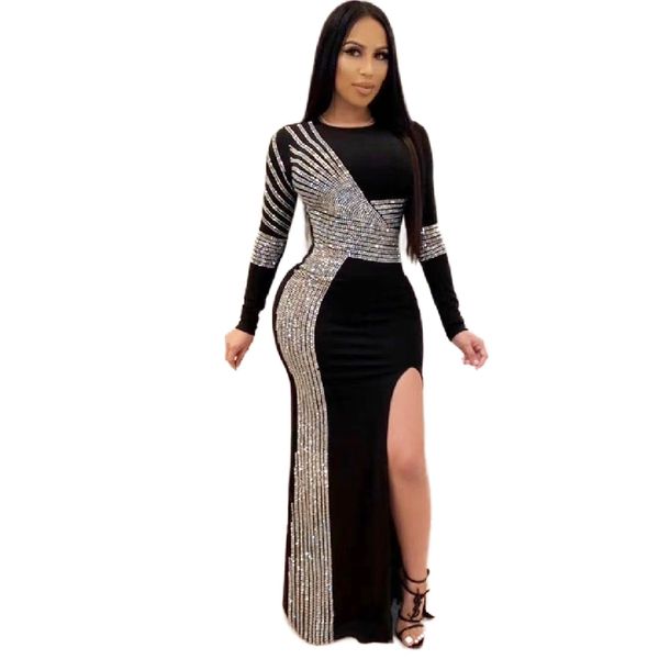 Blingbling feminino senhora maxi vestido longo bodycon bandagem festa à noite pista mostrar manga longa vestidos de outono