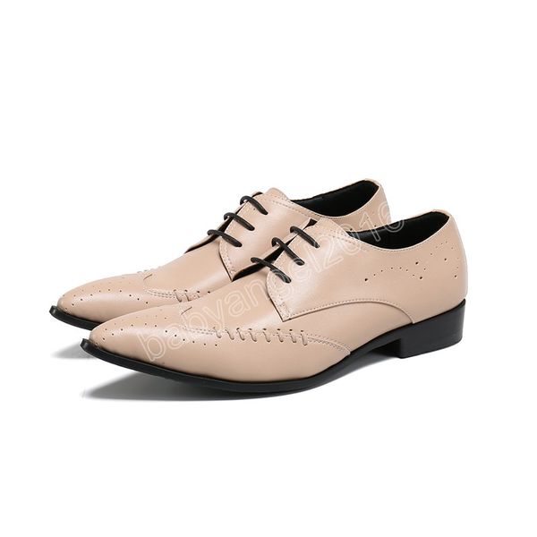 British Style Men Men Sapatos de couro genuíno Oxford Point Toe Lace Up Dress Shoes Office Brogue Shoes Plus Size