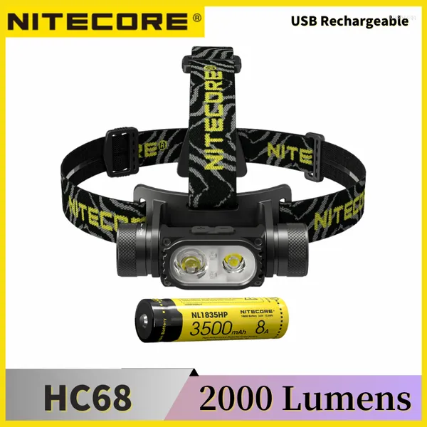 As lanternas tochas nitecore hc68 faróis 2000lumens auxiliar Red Light USB recarregável incluir NL1835HP Bateria