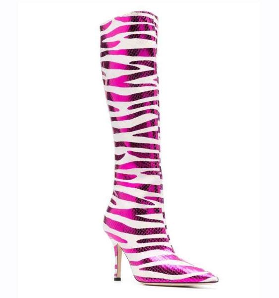 BOTAS 2022 NOVA Brand Brand Sexy High Heels Homem Mulheres Mista de Zebra Listra Autumn Winter Fashion Long Rose Point Toe Shoes 220901