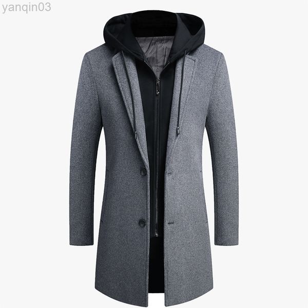 Männer Anzüge Blazer Herbst Winter Wolle Mit Kapuze Trenchcoat Korea Stil Mid Lange Winddicht Jacke Mode Lässig Dünne Mischung L220902