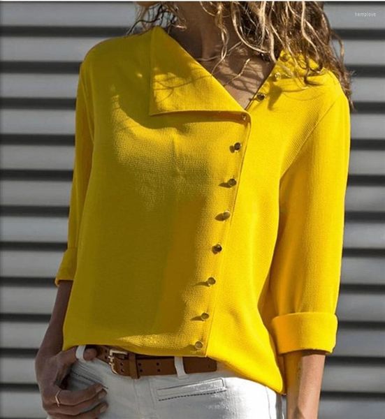 Camicette da donna Abbigliamento femminile Camicia casual da donna con collo a bavero Camicetta a maniche lunghe da donna Bottone superiore Colletto diagonale irregolare da donna