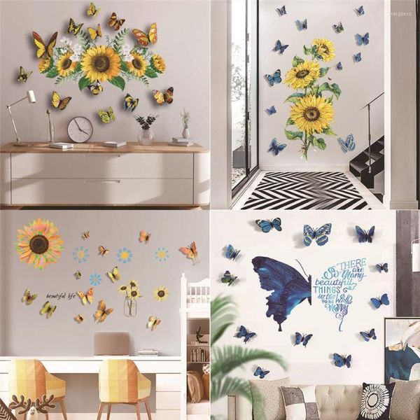 Adesivos de parede adesivo de girassol 3d estéreo colorido borboleta para meninas quarto decoração de quarto pintura papel de parede auto adesivo murais de decalque de PVC