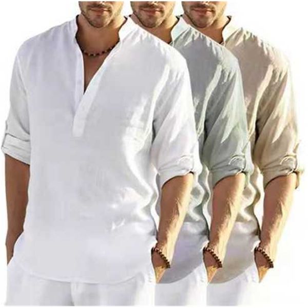 2023 Мужская верхняя льняная рубашка с длинным рукавом Свободная футболка Однотонная хлопковая льняная рубашка с длинным рукавом Мужская рубашка большого размера
