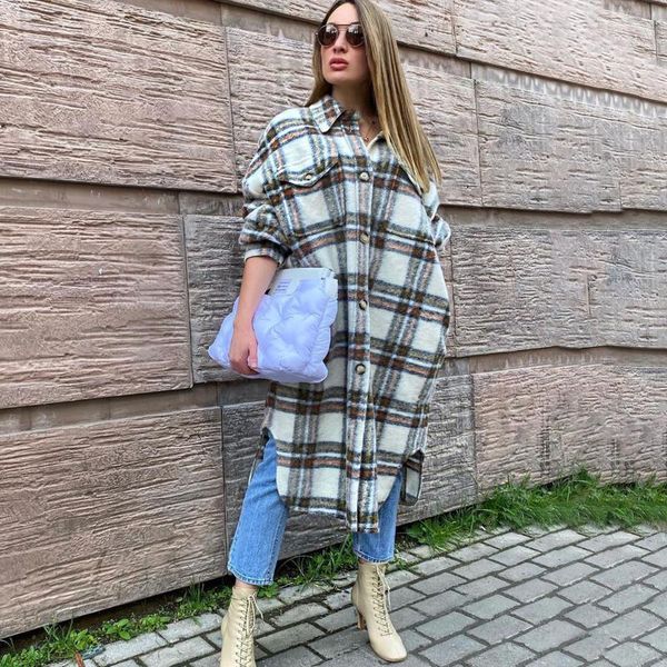 Damen Wolle Damenmischungen Pirat Hippie Plaid Wollstoff Mantel Frau Winter Umlegekragen Knopf Jacken Lässig Vintage Klassisch