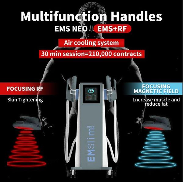 12 Tesla Emslim Nova Slimming Machine 4 Handles com RF Cushion Hi-EMT Forma do corpo EMS Sculpt Build Muscles Eletromagnetic Stimulator Perda de peso Equipamento de beleza