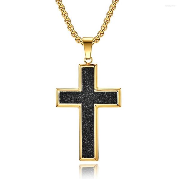 Anhänger-Halsketten, Kreuz-Halskette, schlicht, groß, Titanstahl, mattiert, vergoldet, christliche Hingabe an den Glauben an Männer