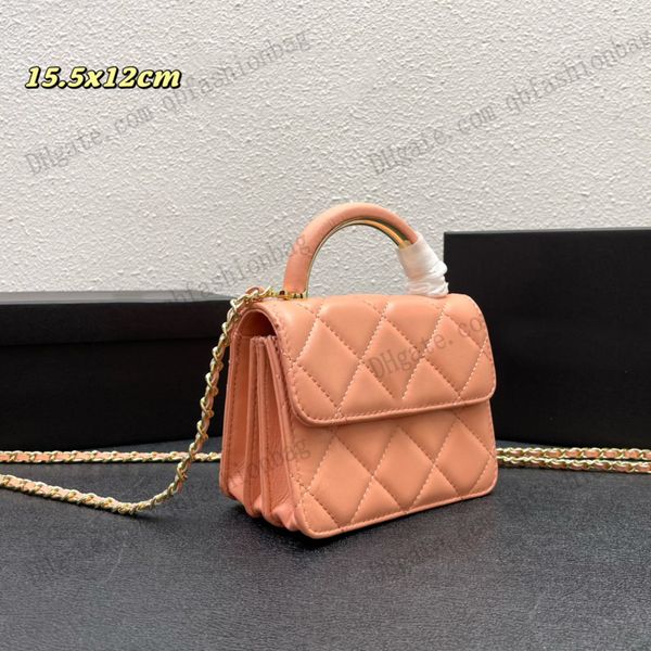 Fransız F/Kış Bayan Omuz Çantası Çanta Kuzu Derisi Klasik Elmas Metal Saplı Kapitone Altın Ton Tote Cüzdan Tasarımcı Crossbody Kart Tutucu Çanta 15.5x12 CM