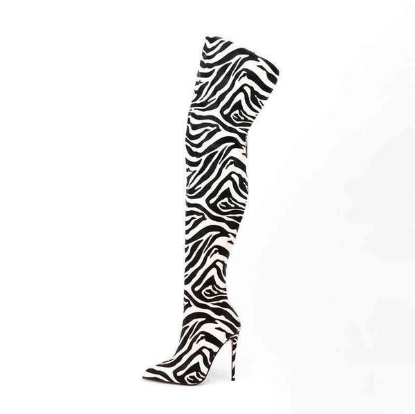 Stivali Nuove Donne Sopra il Ginocchio Tacchi Alti Signore Sexy Stile Zebra Punta a punta Stiletto Lungo Botas Femininas 220903