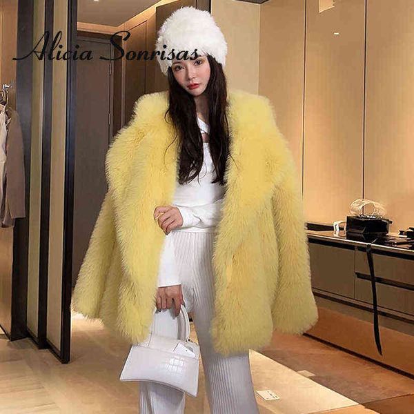 Piumino da donna Parka 2021 Inverno Donna Pelliccia sintetica Caldo Spessore Collo lungo sartoriale Cappotto moda casual Giacca cardigan lanuginoso giallo solido Feminino T220905