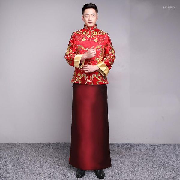 Etnische Kleding Mannen Cheongsam Top 2022 Mannelijke Bruidegom Bruiloft Qipao Getrouwd Han Fu Rood Borduren Chinese Stijl Toast Gewaad jas Tang Pak