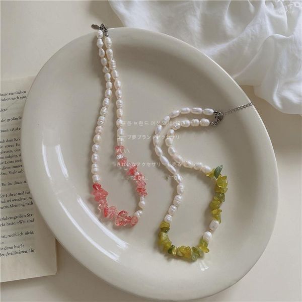 Choker FFLACELL Korea Rosa Grün Stein Perlen Süßwasser Perle Halskette Nette Schlüsselbein Kette Für Frauen Mädchen Party Schmuck