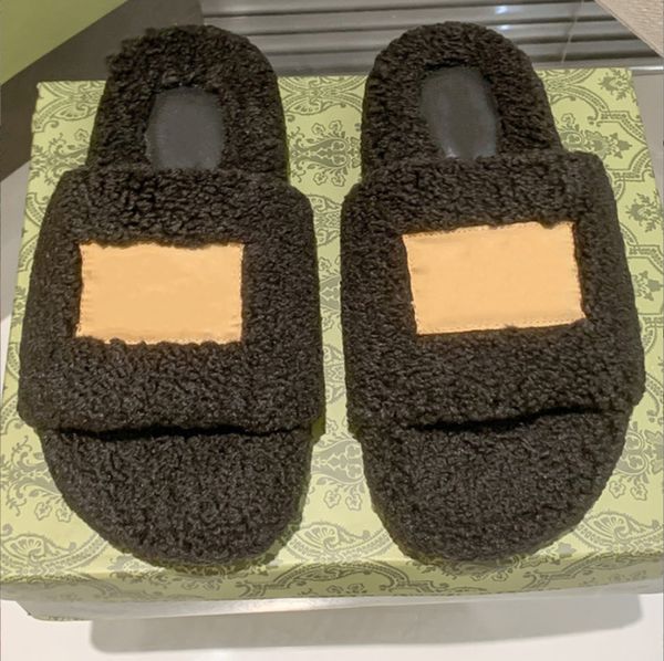 Designer de alta qualidade Slippers feminino lã de lã Slides de inverno Pele fofo peludo letras quentes sandálias confortáveis ​​chapas difusas flop 35-44