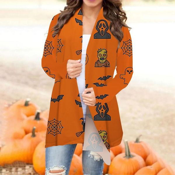 Damenjacken Halloween Damen Lustiger Musterdruck Offener Langarm-Cardigan Damen Kleine Jacke Schlankheits-Fleece-Knopf