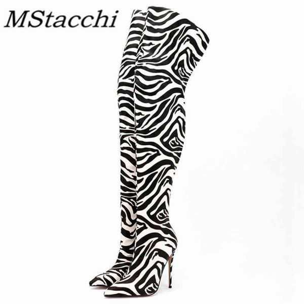Botlar Mstacchi 2022 Diz Yüksek Topuklu Yeni Kadınlar Seksi Bayanlar Zebra Stil Saçlı Ayak Parçası Stiletto Uzun Botas Feminas 220903