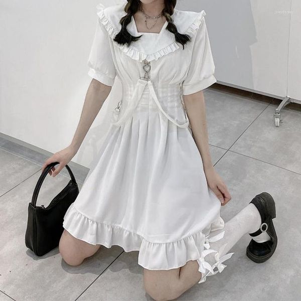 Vestidos casuais QWeek White Kawaii Dress Girl Soft Style fofo Ruffe