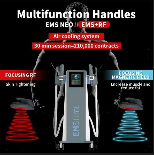 Efeito direto Emslim Nova Slimming 4 Handles com RF Cushion Hi-EMT Forma do corpo EMS escultura Construa m￺sculos M￡quina de beleza de perda de peso de estimulador eletromagn￩tico