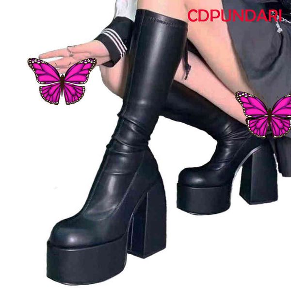 Сапоги черные густые каблуки эластичная микро колена высокая для женщин в панк -стиль осень зимняя штука для вечеринок 220903