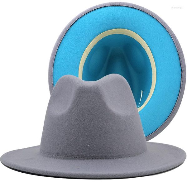 Berretti Grigio Blu Patchwork Feltro di lana Jazz Cappello Fedora Donna Unisex Tesa larga Panama Party Trilby Cappello da cowboy Uomo Gentiluomo Matrimonio XL