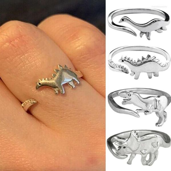 Toca de cluster liga prateada liga aberta dinossauro ajustável Dragão de gola longa Animal estegosaurus Ring Jewelry Gift for Women Girls