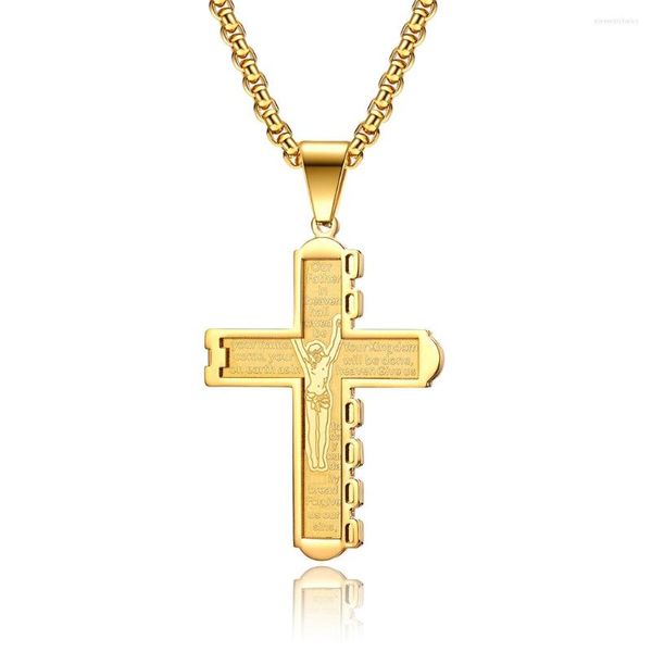 Colliers pendentifs La croix avec de bonnes écritures de crucifixion Collier double couche en acier et or pour hommes 53mm Long
