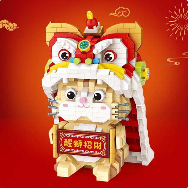 Bloco 950pcs Mini edifício dança de leão Lucky Cat modelo tijolo chinês cultura tradicional Festival de primavera Atividade Toy Gift 220902