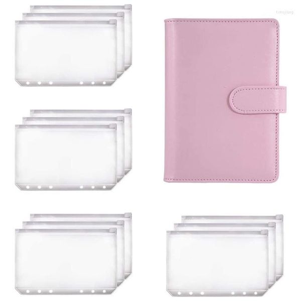 Confezione regalo PPYY-A6 Binder Planner Quaderno rosa e 12 pezzi Tasche per cartelle con cerniera a 6 fori Portafoglio busta per contanti