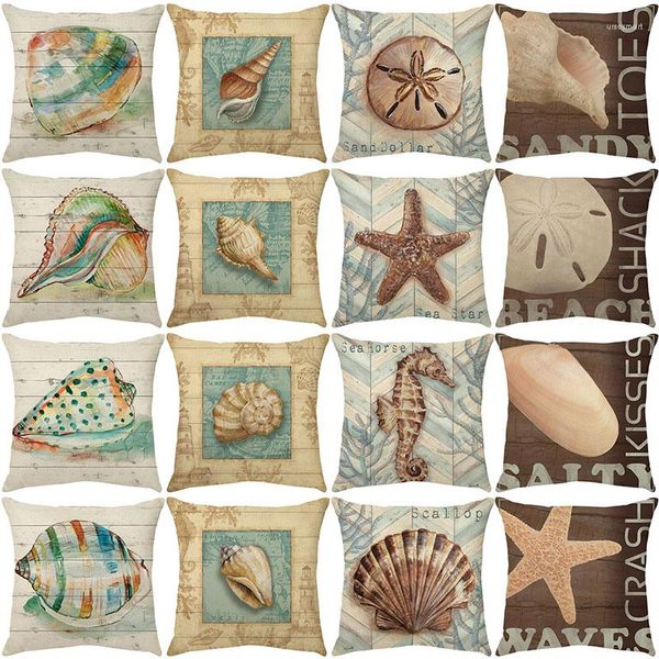 CHEGLA CONCH CONCH Tampa do padrão de estrela do mar 45x45cm Vida marinha de linho decorativo travesseiro retro letra listrada impressão