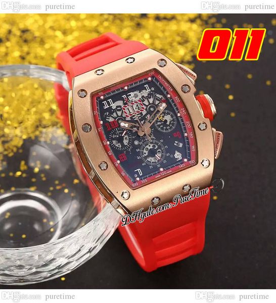 011 A21J Automático Homens relógio Rose Gold Skeleton Dial Data Big Date Red Rubber Strap 7 Styles Watches PureTime F6