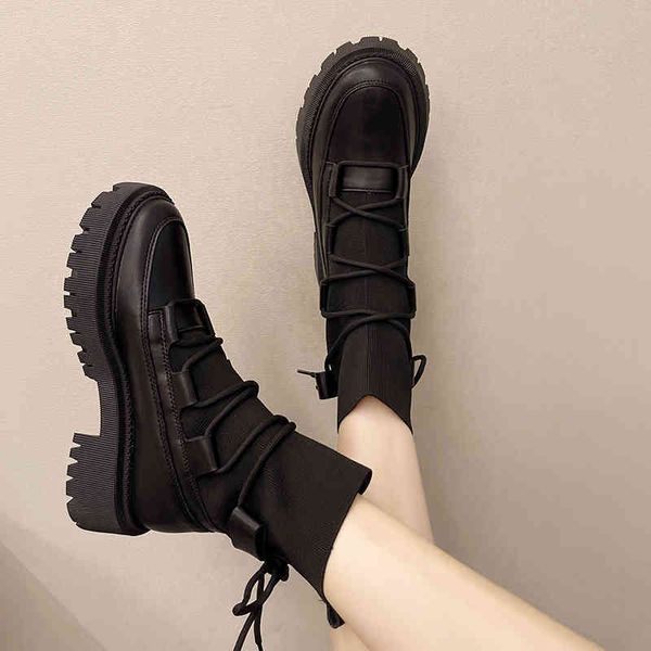 Botas Mujer Tobillo Zapatos de moda Nariz redonda Tacón de 5 cm Cordones y calzoncillos en plataforma Negro Blanco para mujer Casual 220903