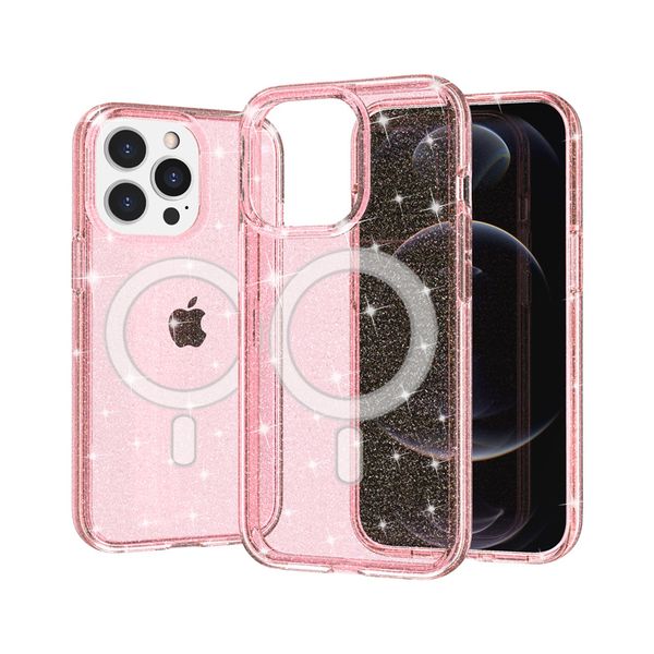 Ultimate Bling Casos Magsafe Wireless Carregador Magn￩tico Clear Hybrid TPU PC GLITTER POW POWDLE fundo Tampa de armadura para iPhone 14 13 Pro Max