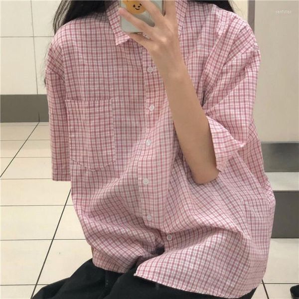 Blouses feminina Houzhou xadrez xadrez para meninas adolescentes verão harajuku de tamanho curto de manga curta checada botão rosa