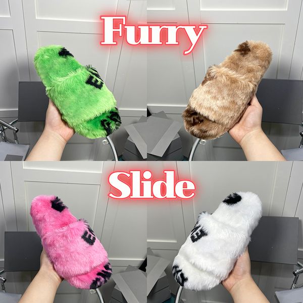 Mit Box Designer Slipper Allover Logo Furry Slide Sandalen Männer Frauen Schuhe Rosa Weiß Grün Schwarz Beige Ebenholz Logo Luxus Herren Hausschuhe Mode Sandale