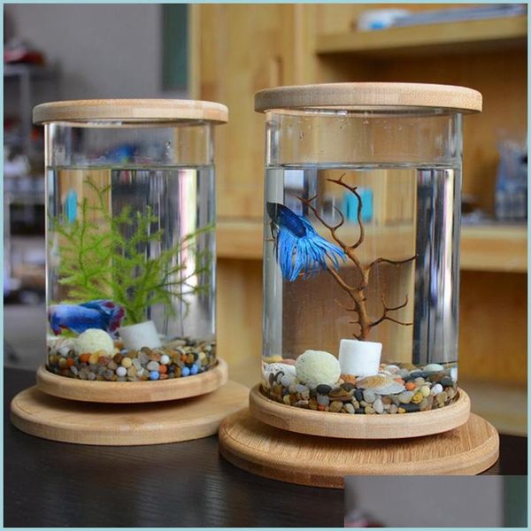 Aquários 1Pcs Vidro Betta Tanque de Peixe Base de Bambu Mini Decoração Acessórios Girar Tigela Aquário Y200917 Drop Delivery Homeindustry Dhrnu