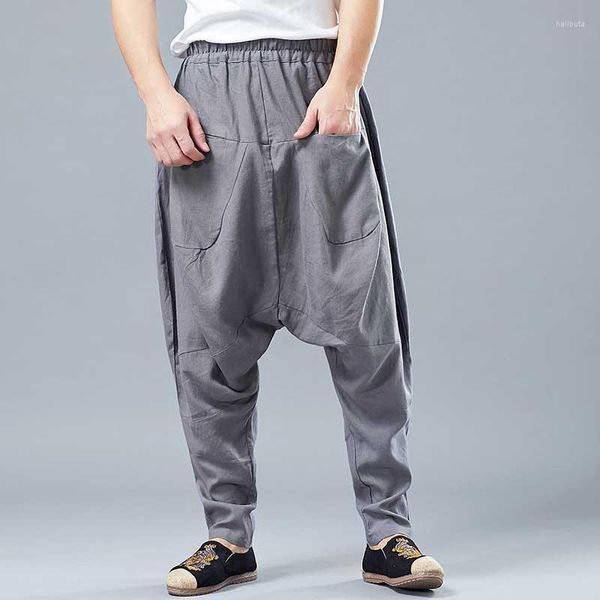 Pantalones de hombre de algodón de lino bolsillo delantero Harem hombres Casual Retro sueltos pantalones holgados entrepierna caída Hip Hop ropa de hombre