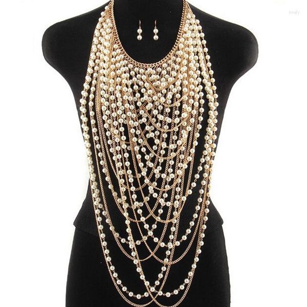 Colares pendentes Sexy Multilayers Pearl Body Chain Ladies Vintage for Women Women Bridal Weddal Presente de Jóias de moda