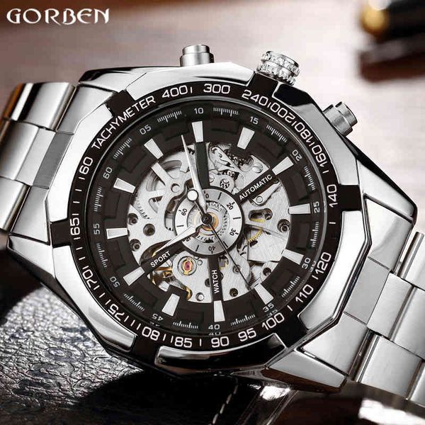 Armbanduhren Tags Luxus Sier Gold Automatische Mechanische Herrenuhr Skeleton Edelstahl Selbstaufzug Armbanduhr Männer Große Uhr Relogio Masculino Genf