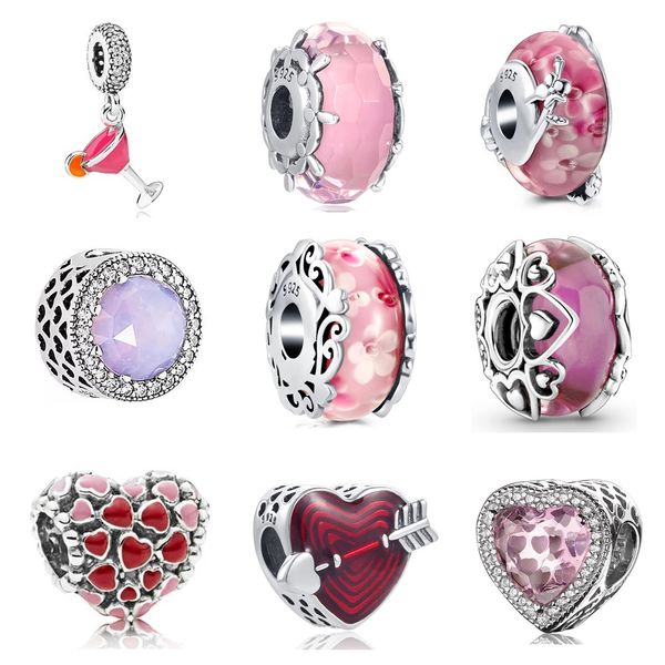 925 miçangas de charme de prata Dangle Red Love Heart Pink Flor Murano Glass Fit Fit Pandora Charms Bracelet Diy Acessórios