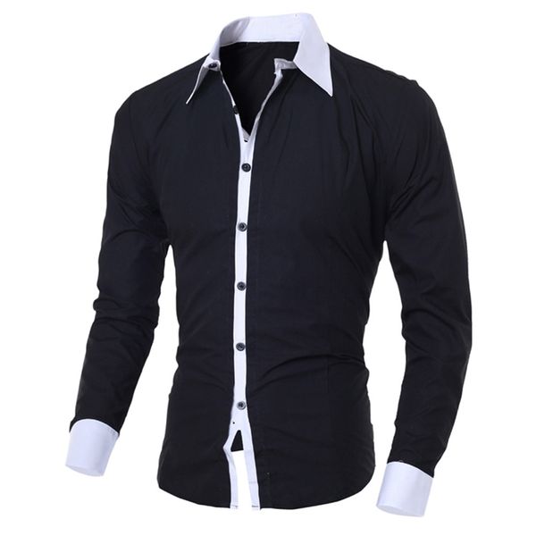Erkek Polos İşi ​​Siyah Beyaz Gömlek Tarzı Moda Kişilik Gündelik İnce Yakel Erkek Giyim Longsleeved Üst Bluz 220902