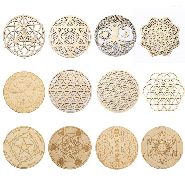 Sacchetti per gioielli 10 cm Legno Albero della vita Cristallo Quarzo Decorazione da parete Fiore Metatron in legno Cubo Stella David Chakra Meditation Board Moon Mandala