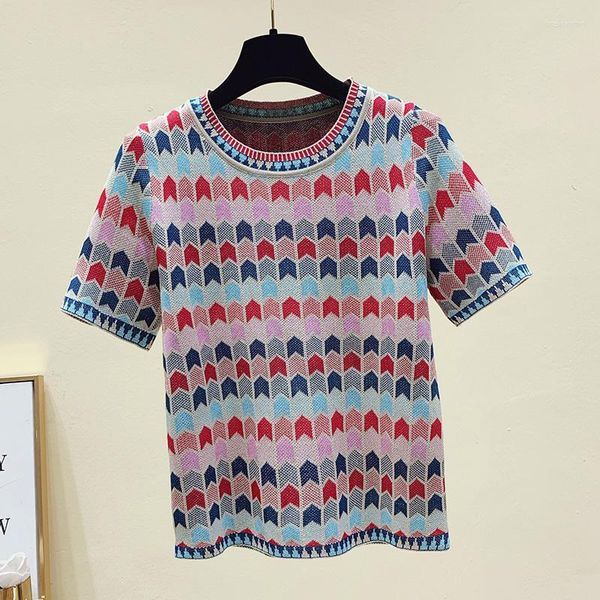 Maglioni da donna Runway Summer Coreano lavorato a maglia da donna Slim Seta brillante Elegante marchio Fashion Stripe Pullover T-Shirt Maglione Top sottile