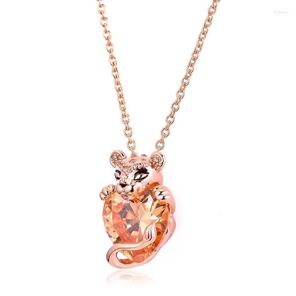 Colares de pendentes Qandocci Rose Sparkling Lion Princess Heart 100% 925 jóias de prata esterlina
