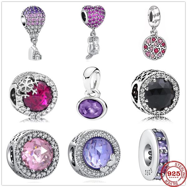 925 Charme de prata Mercinas penduradas New Balloon House Owl Flor Pink Purple Zircon Bad Fit Pandora Charms Bracelet Diy Acessórios de joias