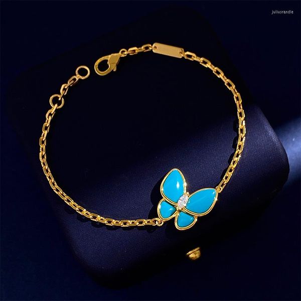 Link Armbänder Top Qualität Schmetterling Armband Rose Gold Überzogene Inlay Natürliche Blaue Muschel Charme Feine Kette Für Frauen Mode Schmuck