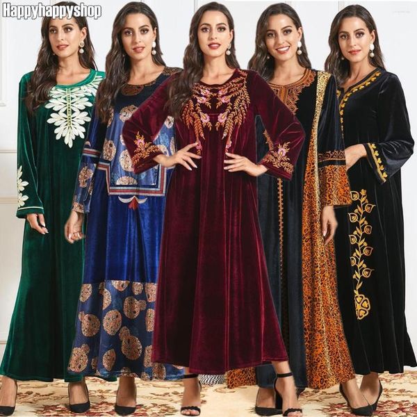 Abiti casual Abito invernale con ricami in velluto a maniche lunghe Caftano sciolto Abaya Dubai Abiti turchi Abbigliamento islamico musulmano spesso