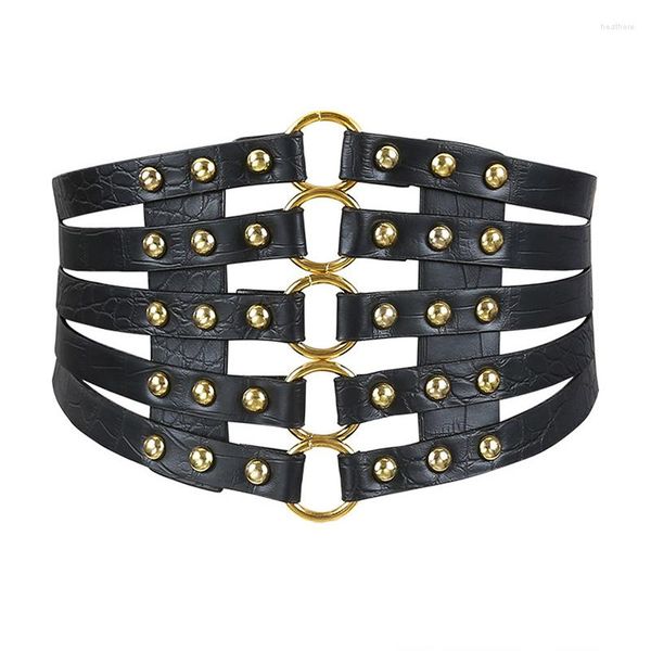 Cintos 2022 Design vintage Design Hollo Wide Metal Ring Belt Gold Senhories Mulheres Vestido Camisa Decoração do Rivet Coloque Corsário